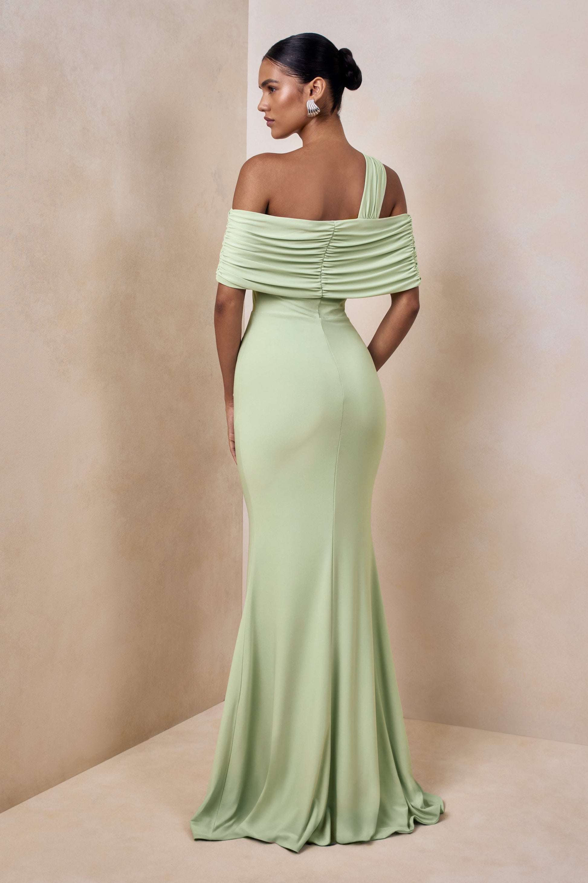 Nala | Mint Asymmetric-Neck Maxi Dress With Gathered Detailing