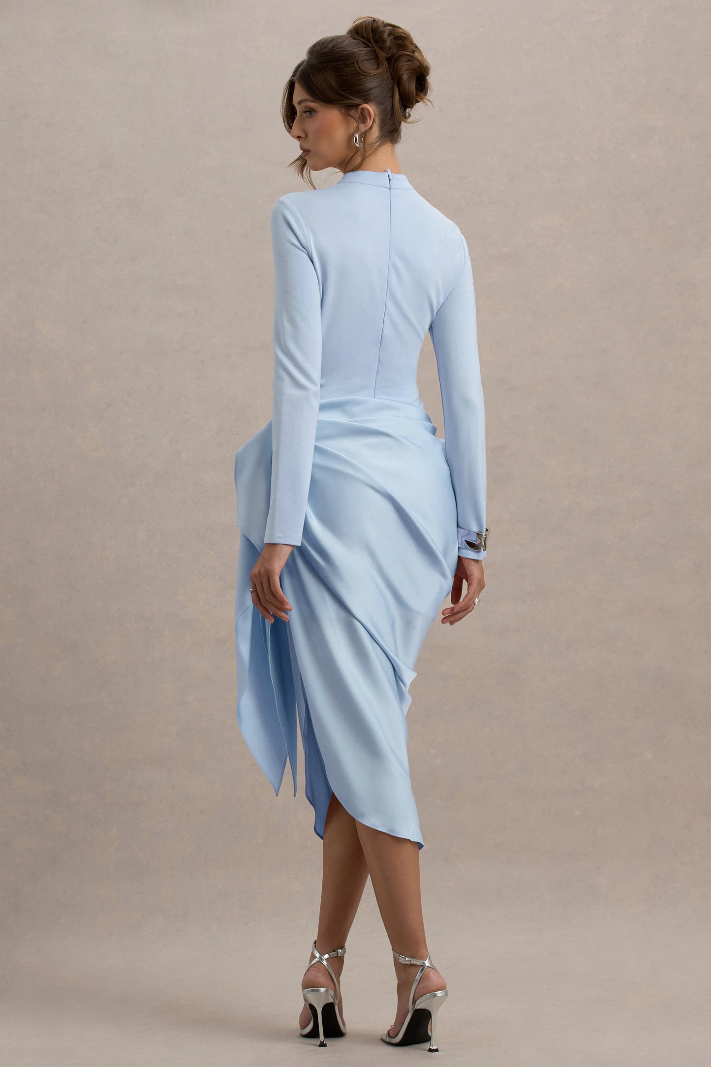 Raffie | Powder Blue Long-Sleeve Midi Dress With Satin Wrap Skirt