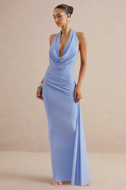 Maude | Light Blue Halter-Neck Draped Maxi Dress With Sash