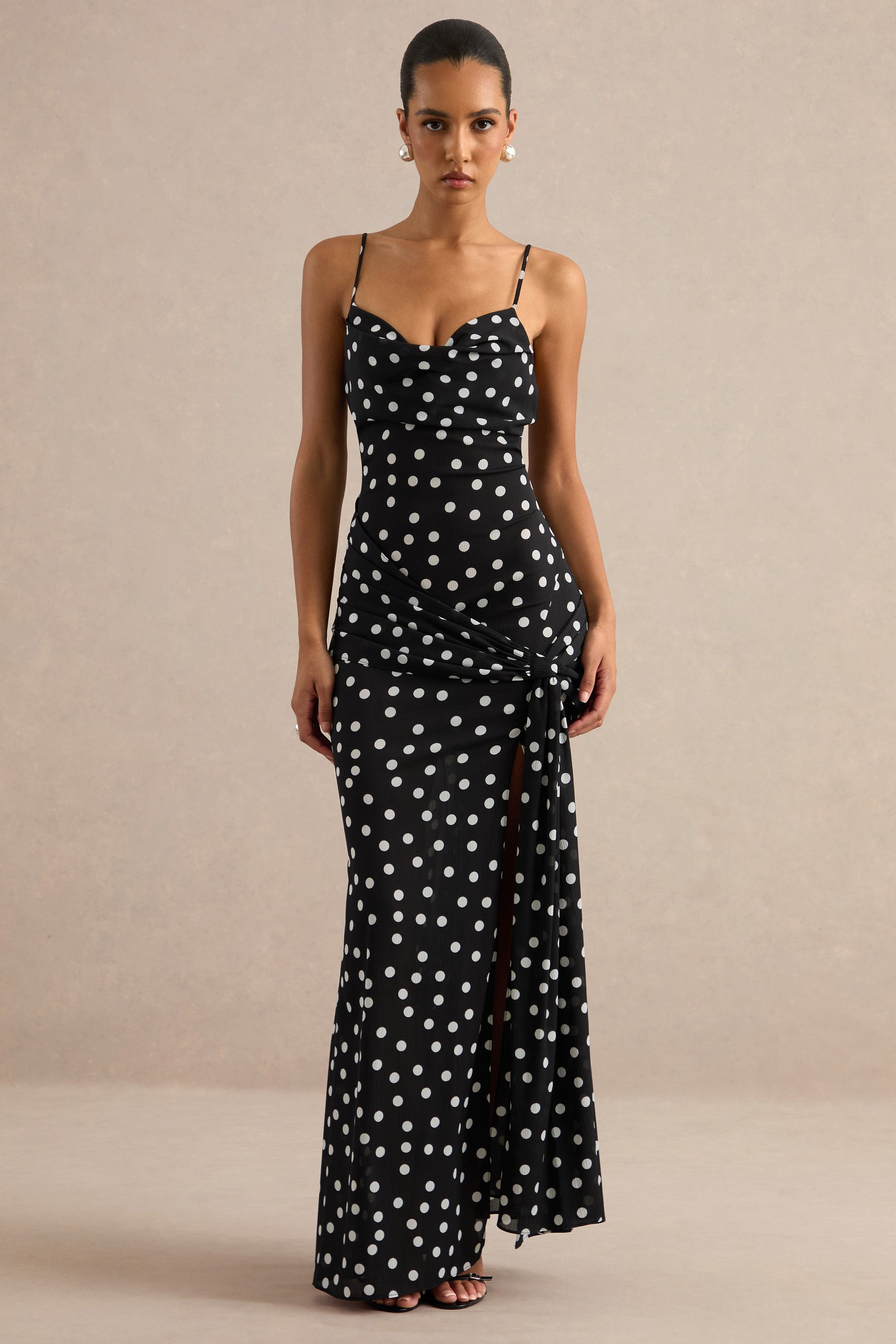 Virtue | Black & White Sheer Polka Dot Cowl-Neck Fishtail Maxi Dress With Split