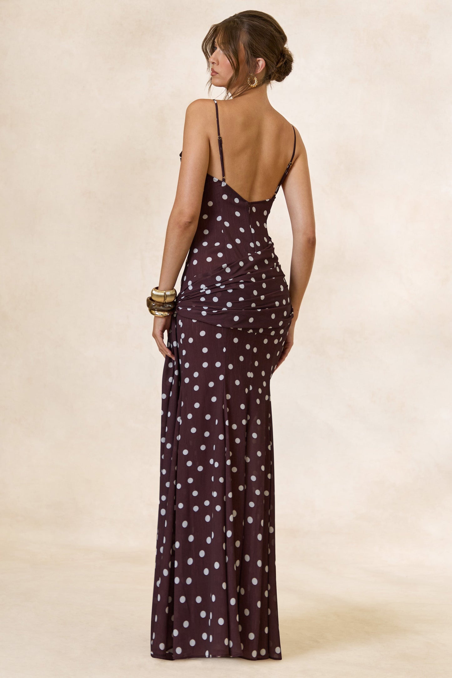 Virtue | Brown & White Polka Dot Cowl-Neck Fishtail Maxi Dress