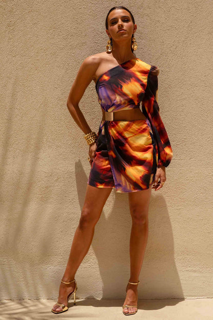Zen | Smoke Print Asymmetric Mini Dress With Cut-Out Detail