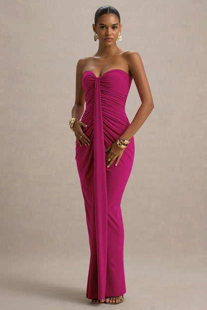 Ali | Hot Pink Sweetheart Ruched Wrap Maxi Dress