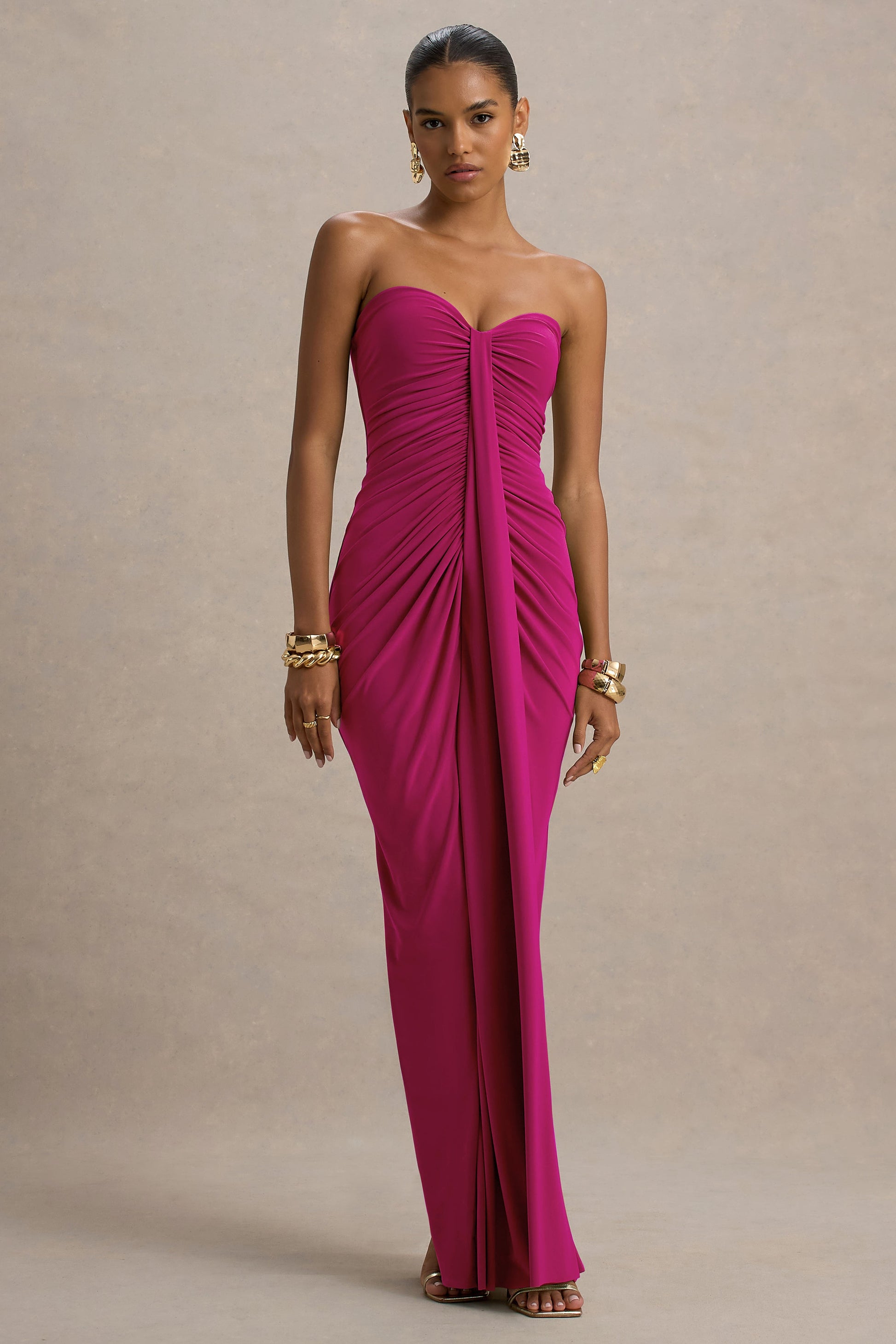 Ali | Hot Pink Sweetheart Ruched Wrap Maxi Dress