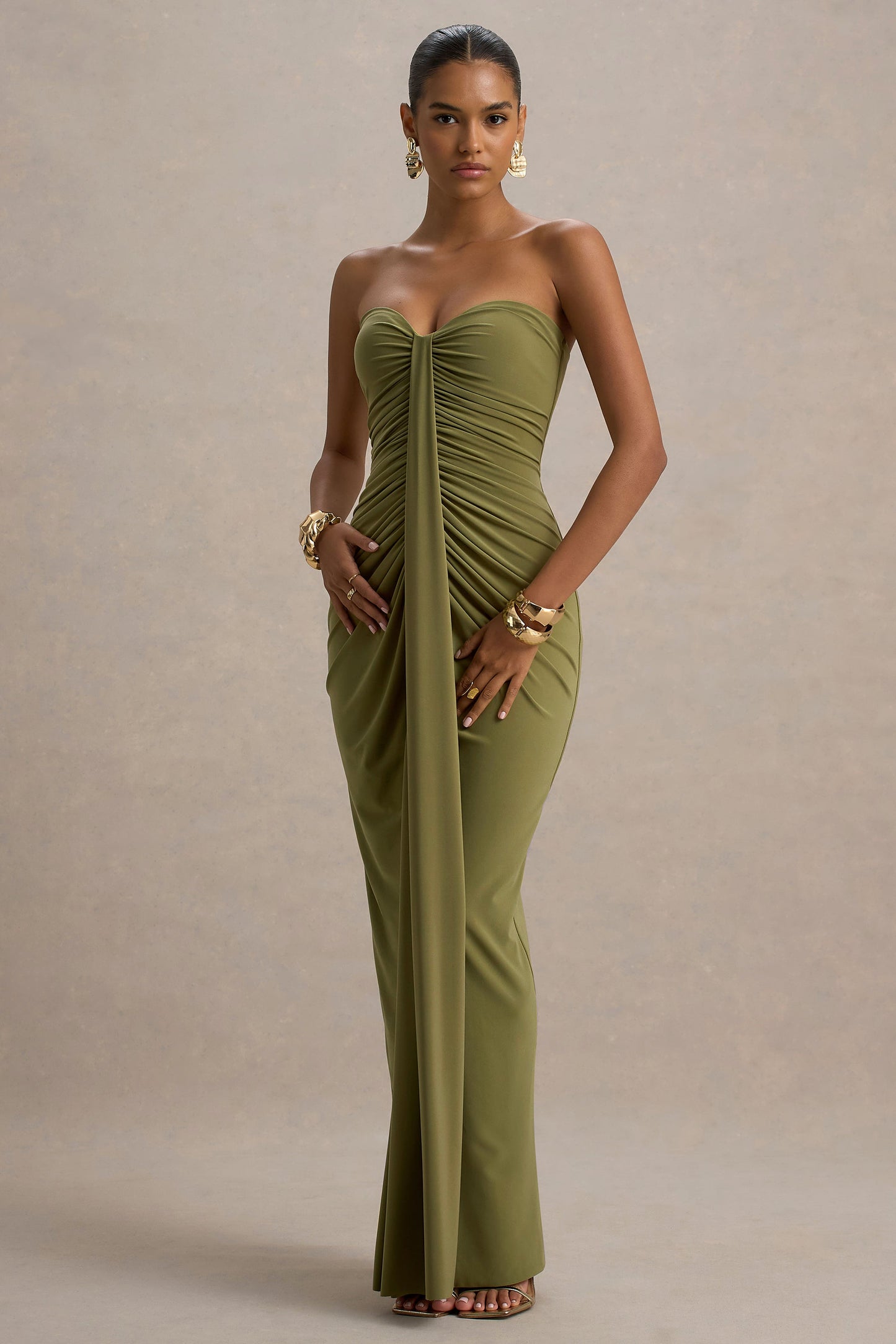 Ali | Olive Sweetheart Ruched Wrap Maxi Dress