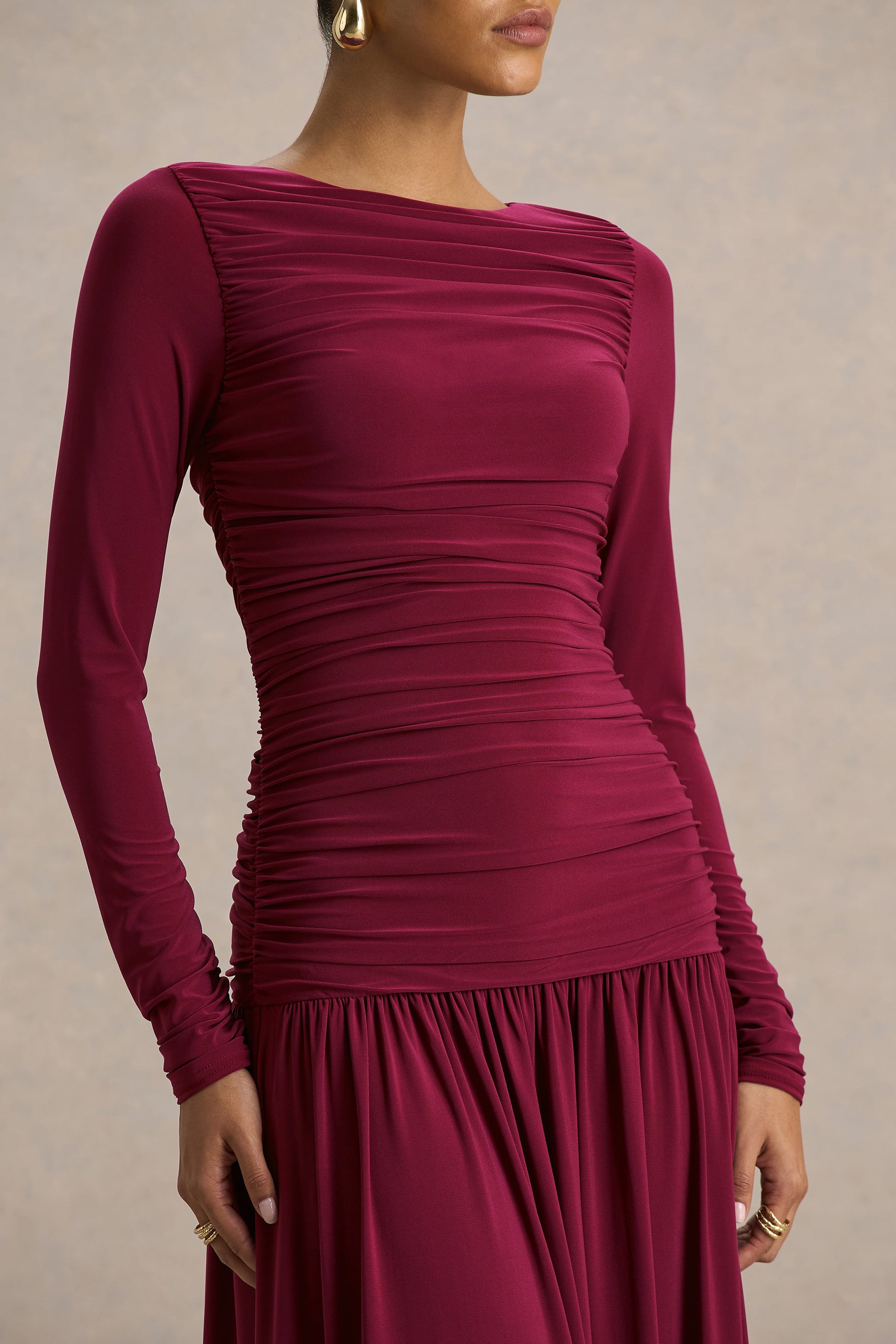 Aniyah | Burgundy Slashed-Neck Maxi Dress With Ruched Detailing
