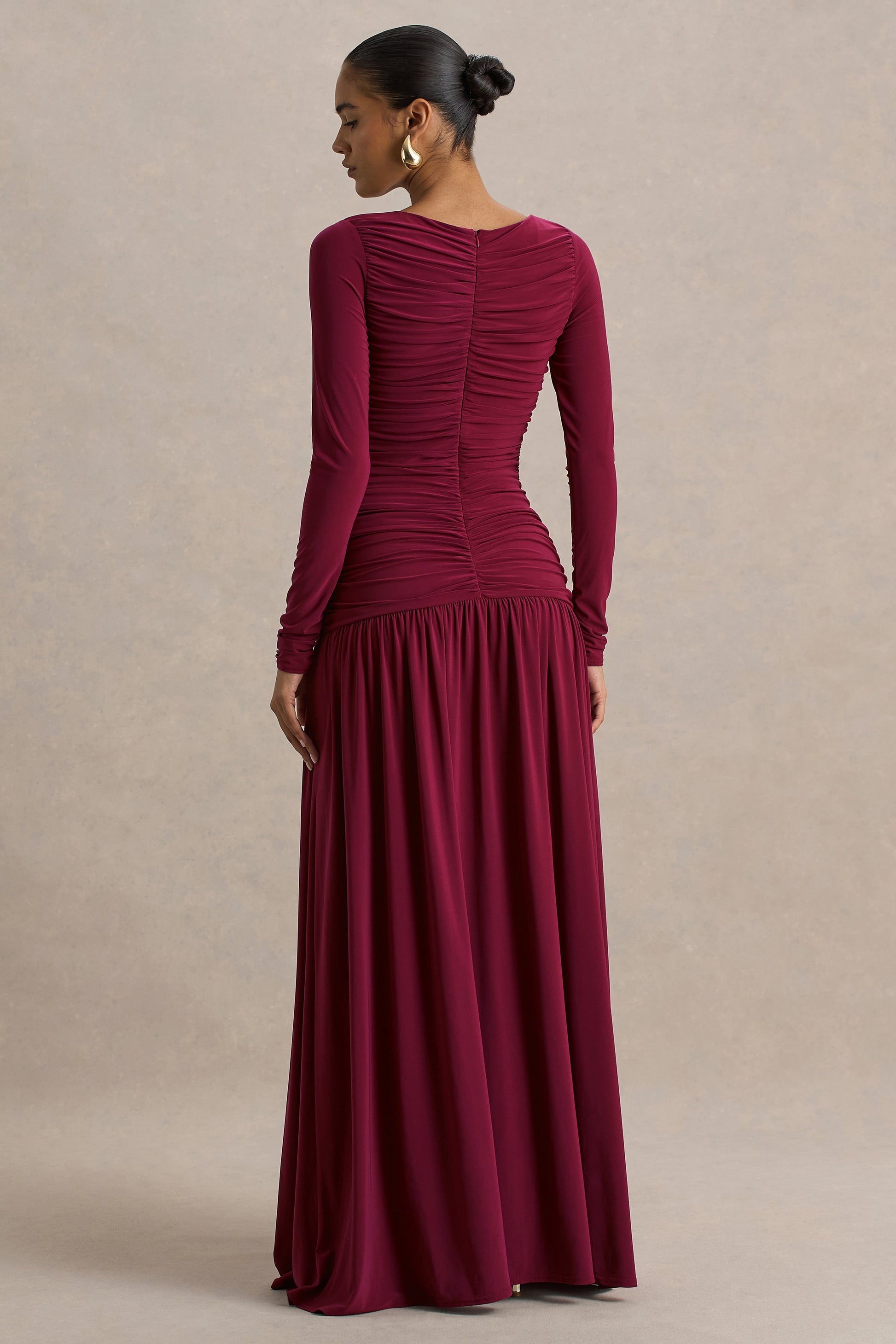 Aniyah | Burgundy Slashed-Neck Maxi Dress With Ruched Detailing