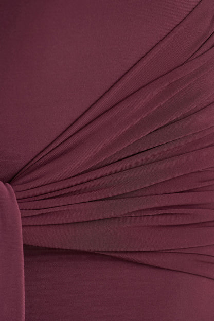 Myra | Burgundy High-Neck Maxi Dress With Sash and Ruched Detailing