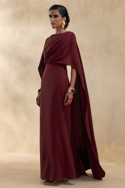 Pristina | Burgundy Boat-Neck Woven Maxi Dress With Cape Detail