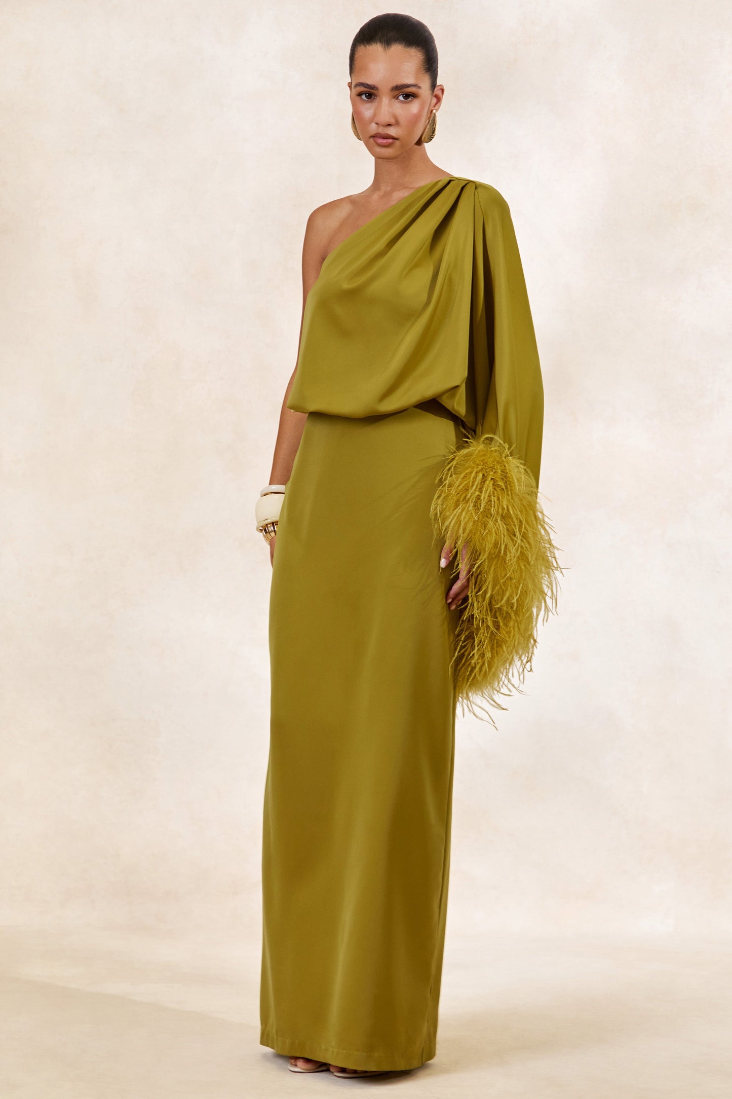 Felicity | Olive Satin Asymmetric-Neck Maxi Dress With Feather Detailing