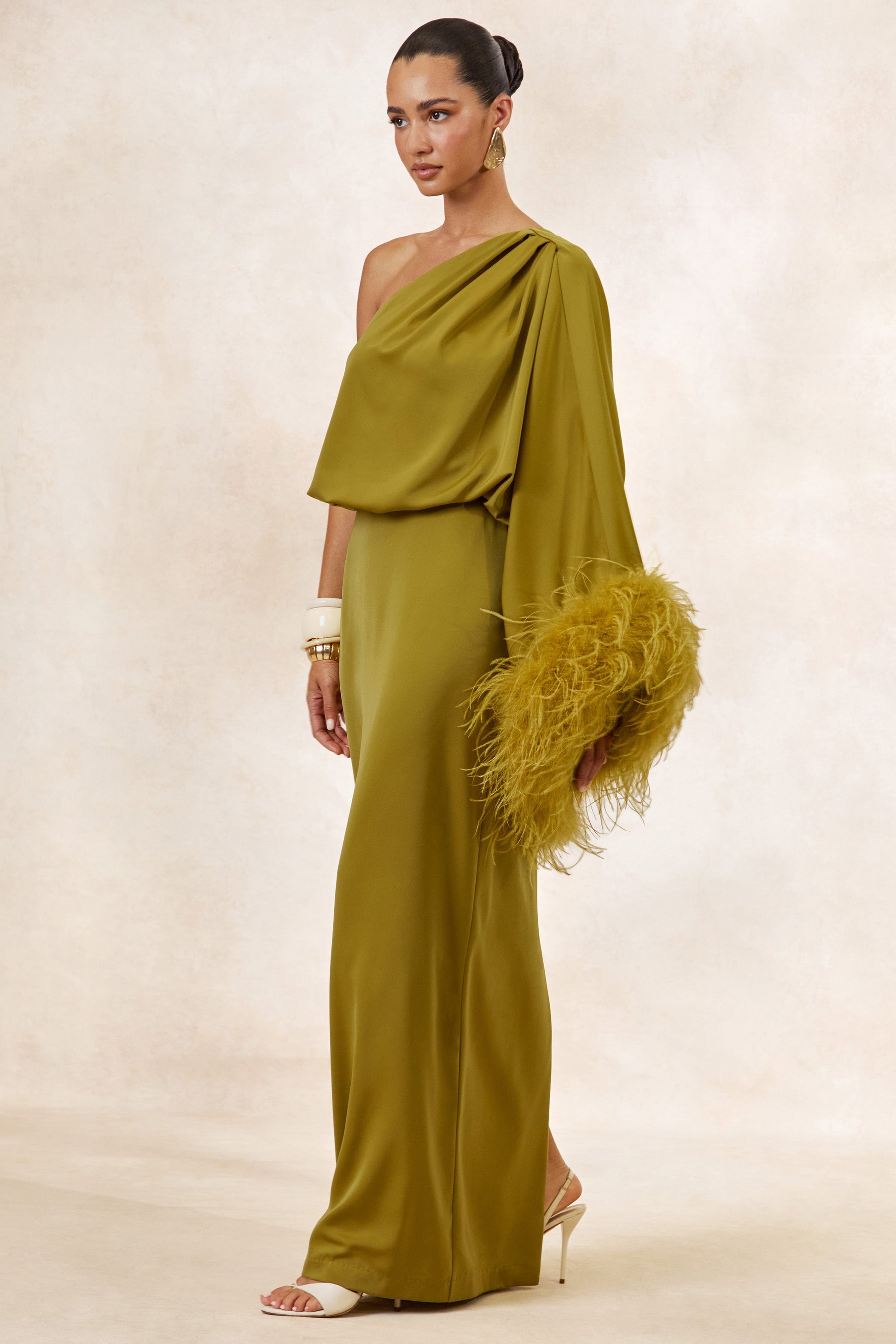 Felicity | Olive Satin Asymmetric-Neck Maxi Dress With Feather Detailing
