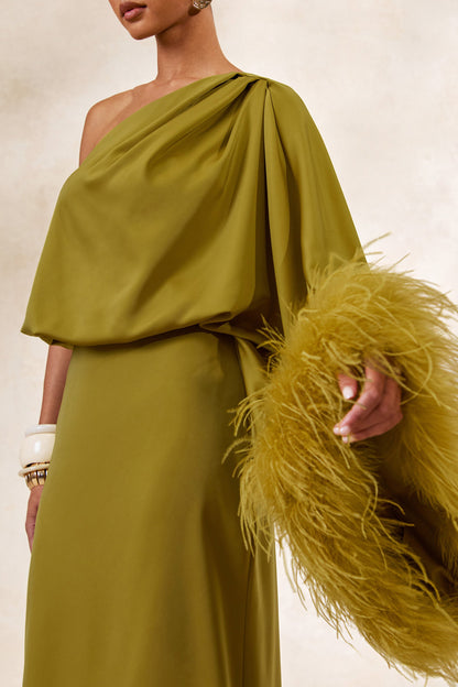 Felicity | Olive Satin Asymmetric-Neck Maxi Dress With Feather Detailing