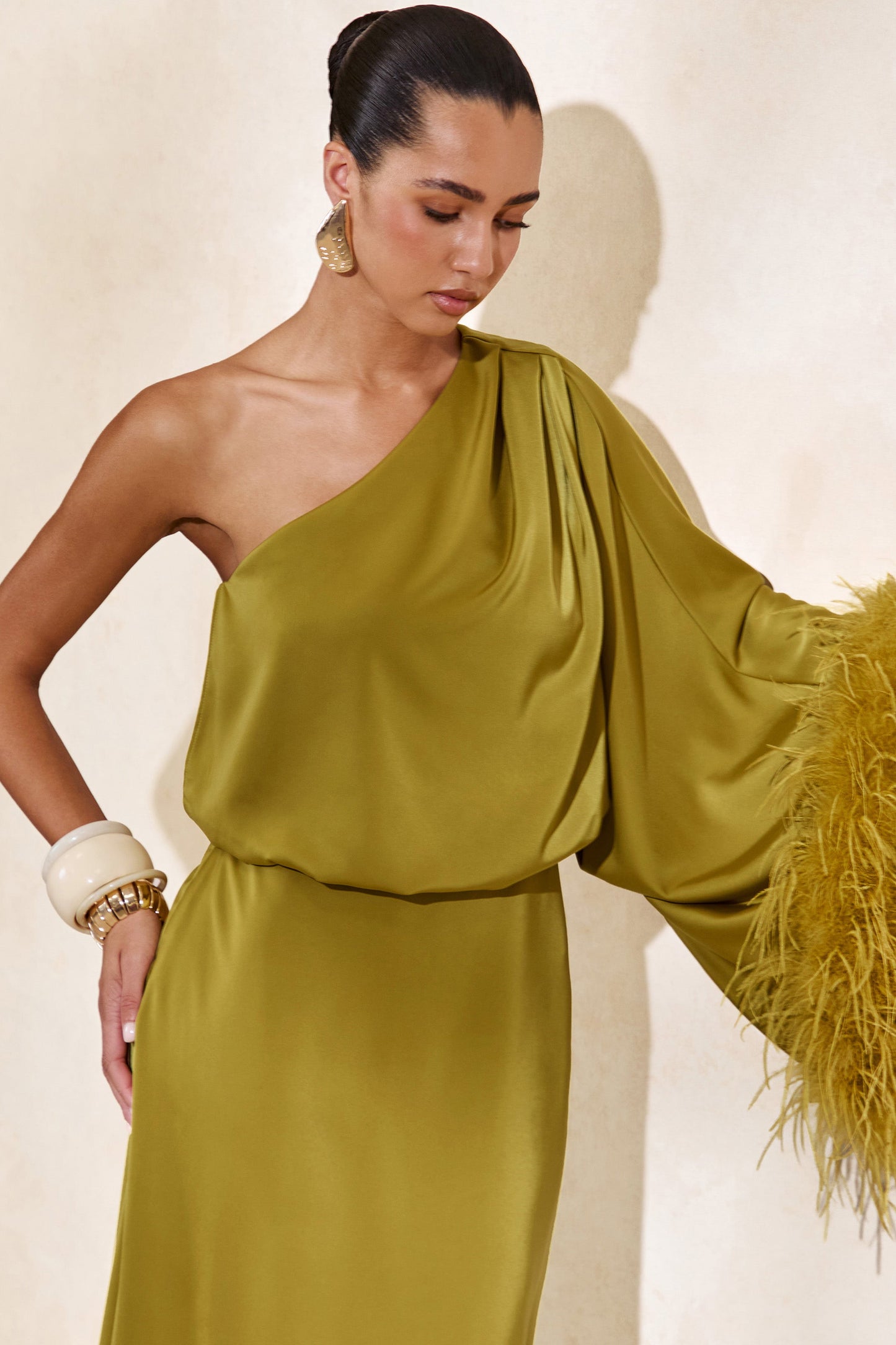 Felicity | Olive Satin Asymmetric-Neck Maxi Dress With Feather Detailing