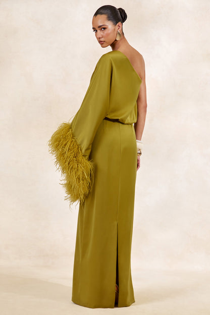 Felicity | Olive Satin Asymmetric-Neck Maxi Dress With Feather Detailing