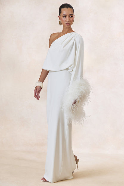 Felicity | White Satin Asymmetric-Neck Maxi Dress With Feather Detailing