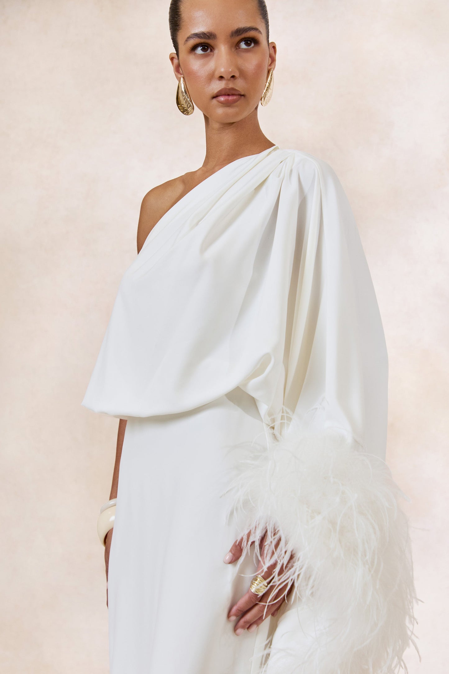 Felicity | White Satin Asymmetric-Neck Maxi Dress With Feather Detailing