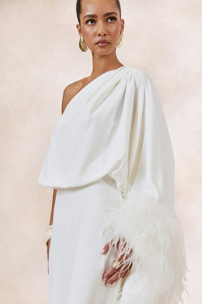 Felicity | White Satin Asymmetric-Neck Maxi Dress With Feather Detailing
