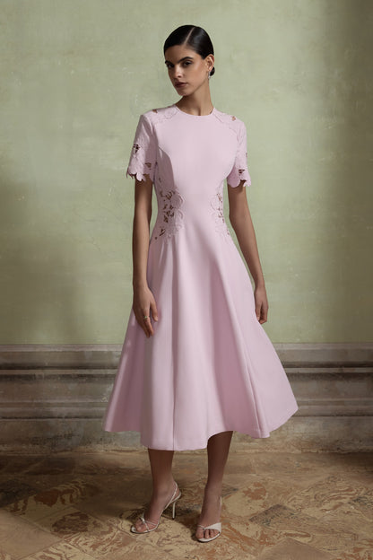 So Sweet | Pink Crew-Neck Midi Dress With Cut-Out Embroidered Detailing