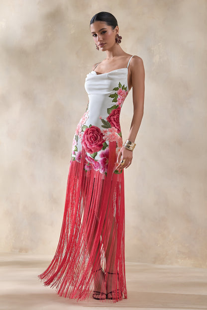 Bejewelled | Cream and Pink Floral Cowl-Neck Maxi Dress With Fringe Hem