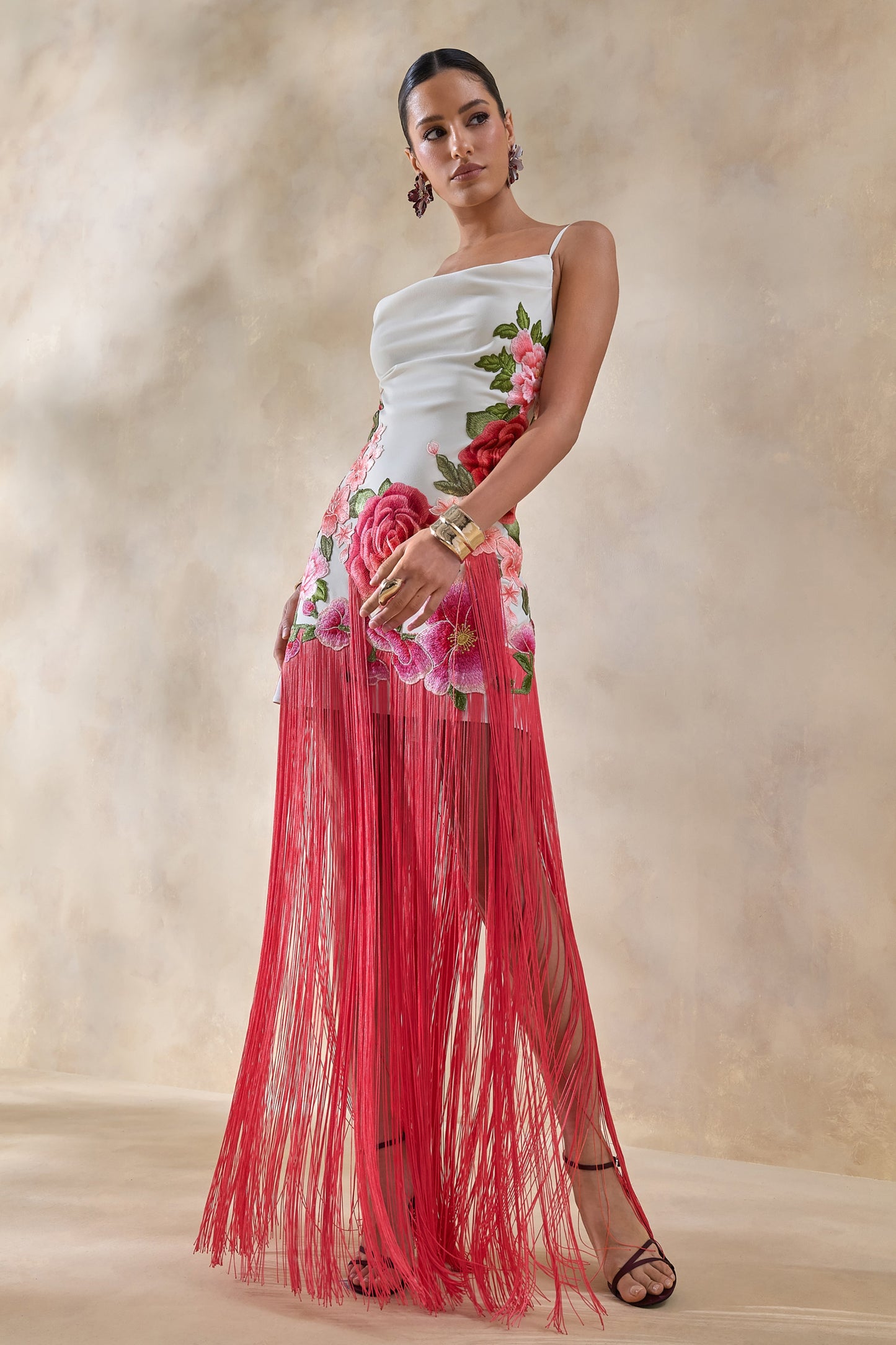 Bejewelled | Cream and Pink Floral Cowl-Neck Maxi Dress With Fringe Hem