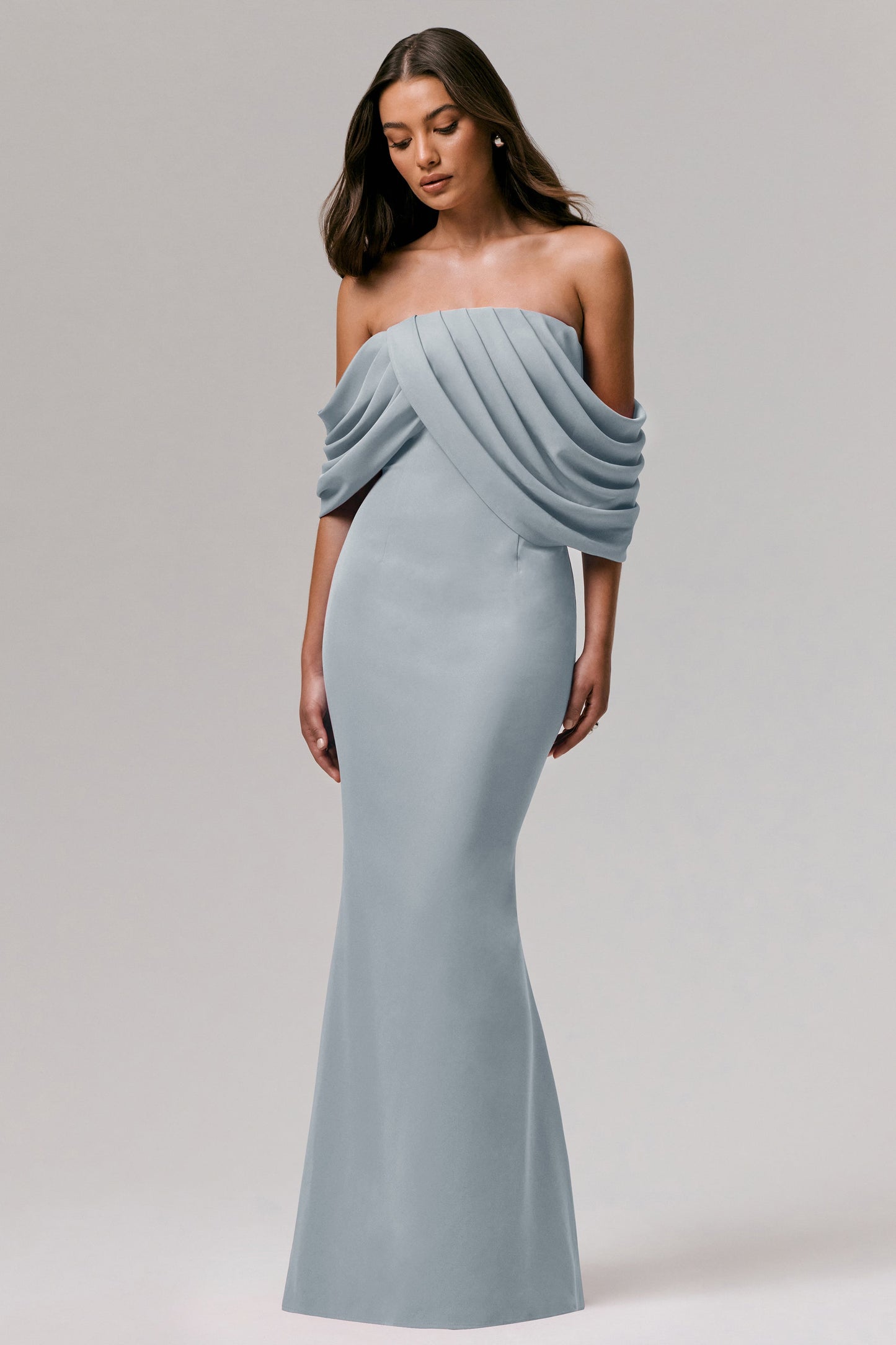 Serene | Powder Blue Draped Bardot Maxi Dress