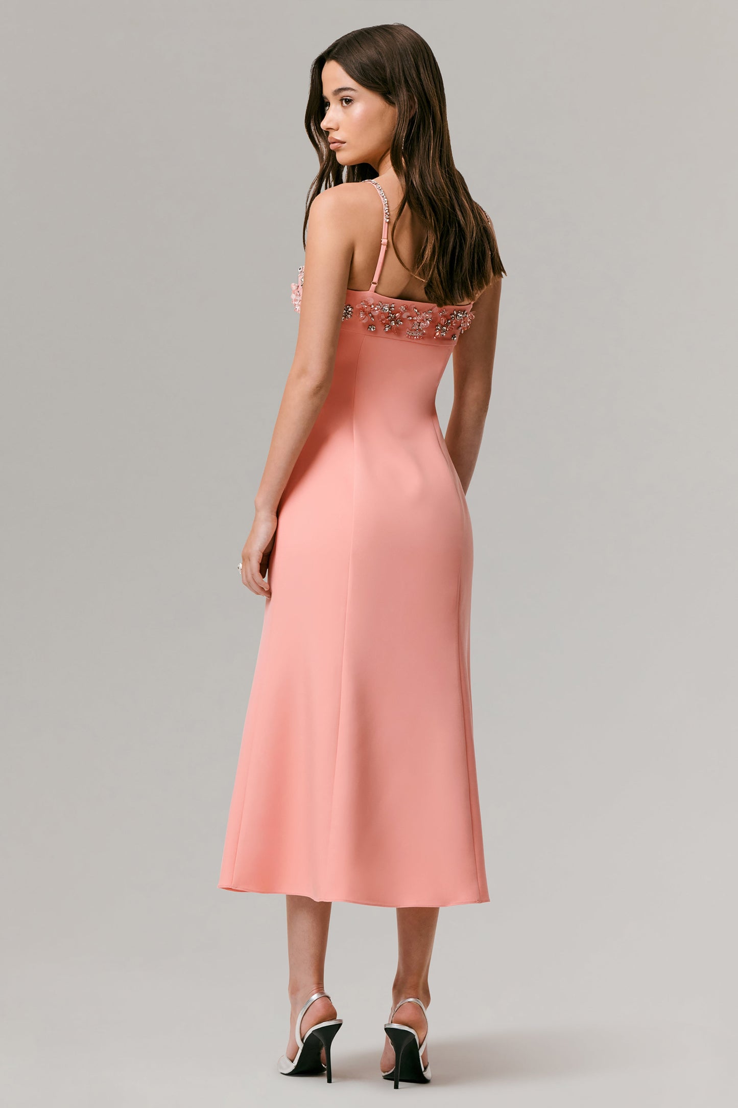 One To Remember | Coral Square-Neck Embellished Midi Dress