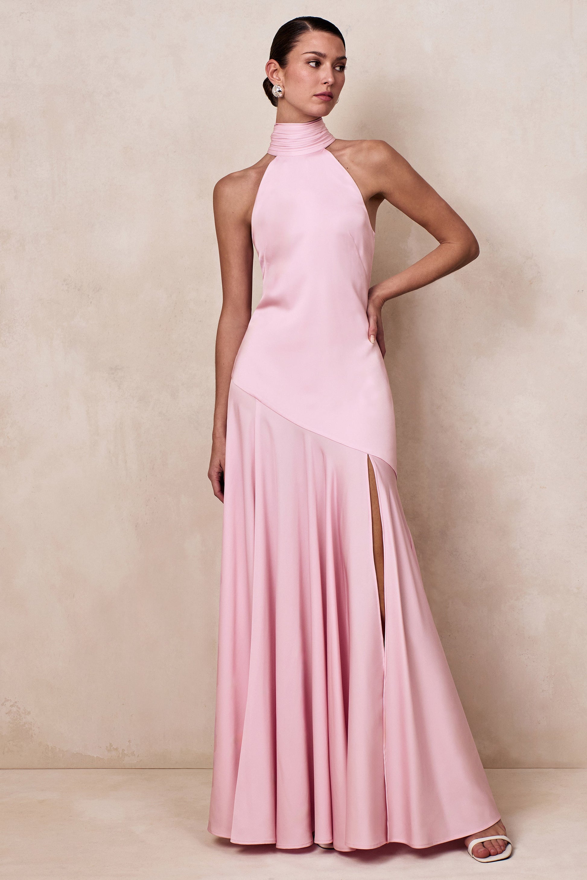 Luscious | Light Pink High-Neck Maxi Dress With Drop-Waist And Bow Detail