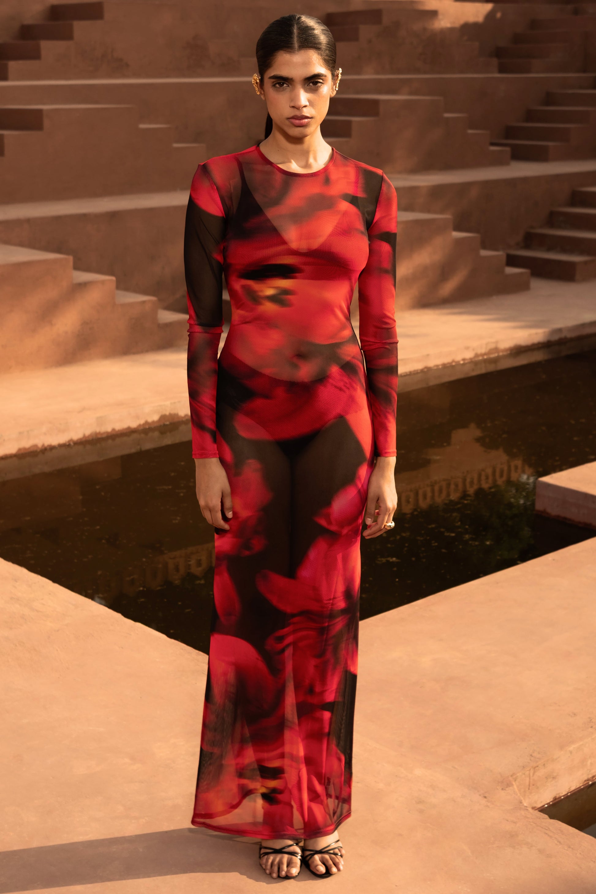 Marcy | Red And Black Floral Print High-Neck Maxi Dress
