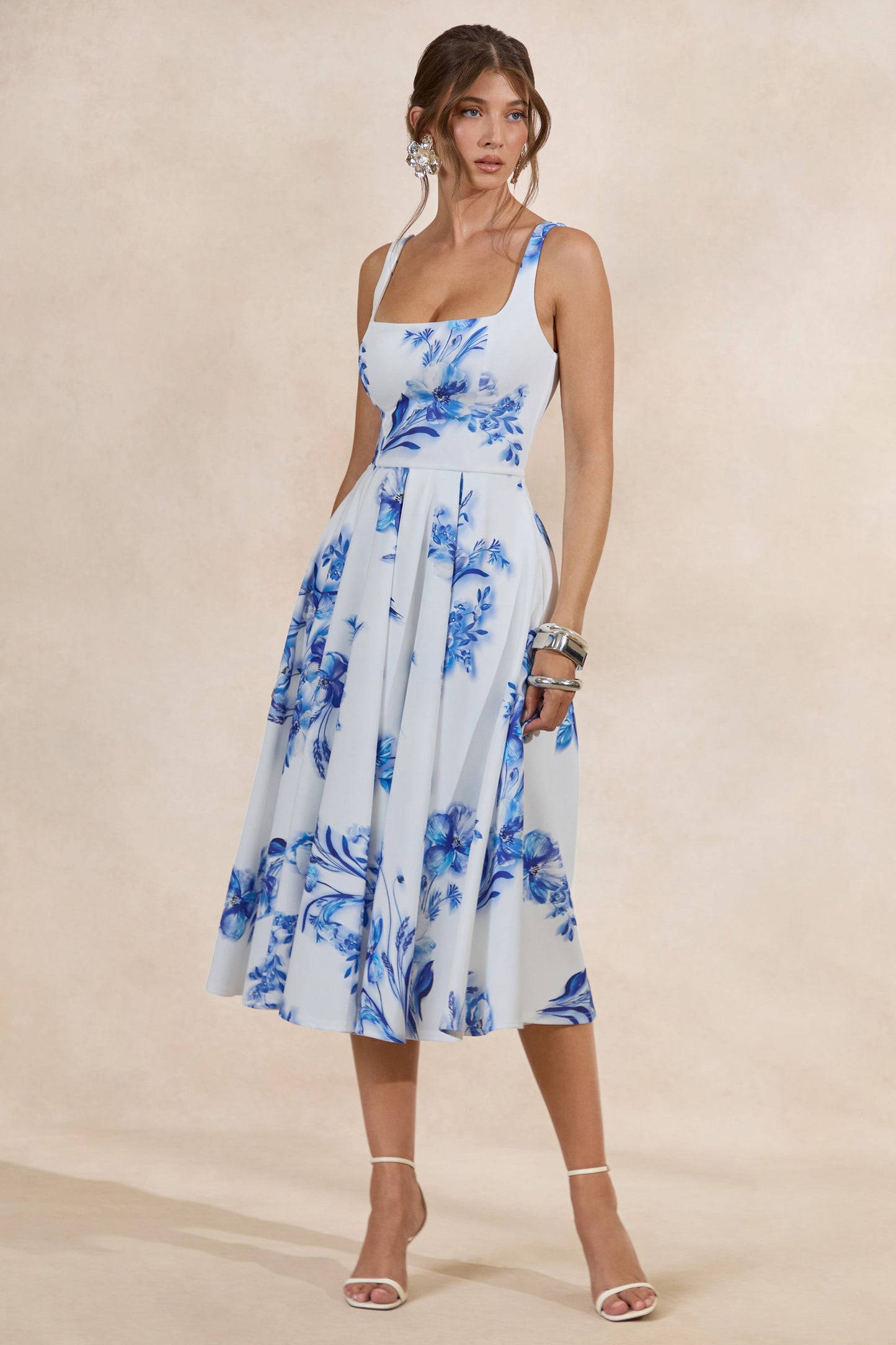 Lissa | Blue Floral Print Square-Neck Midi Dress