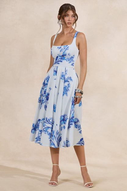 Lissa | Blue Floral Print Square-Neck Midi Dress