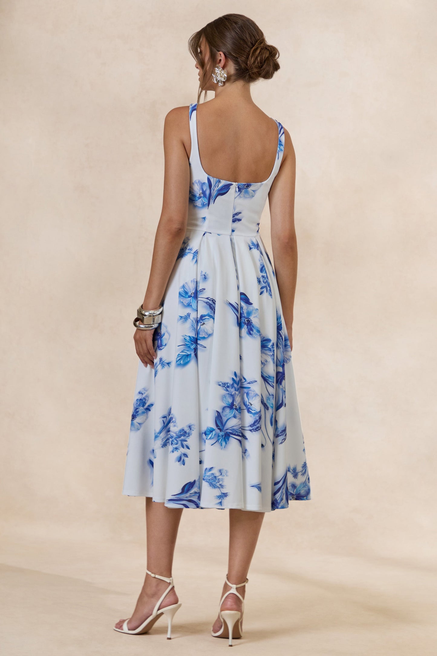 Lissa | Blue Floral Print Square-Neck Midi Dress