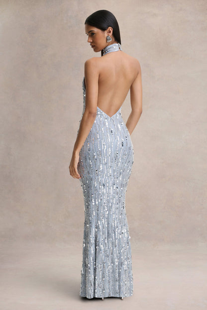 Zaira | Silver Sequin High-Neck Maxi Dress With Open-Back
