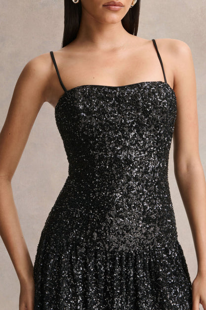Allora | Black Sequin Square-Neck Maxi Dress With Pleated Skirt
