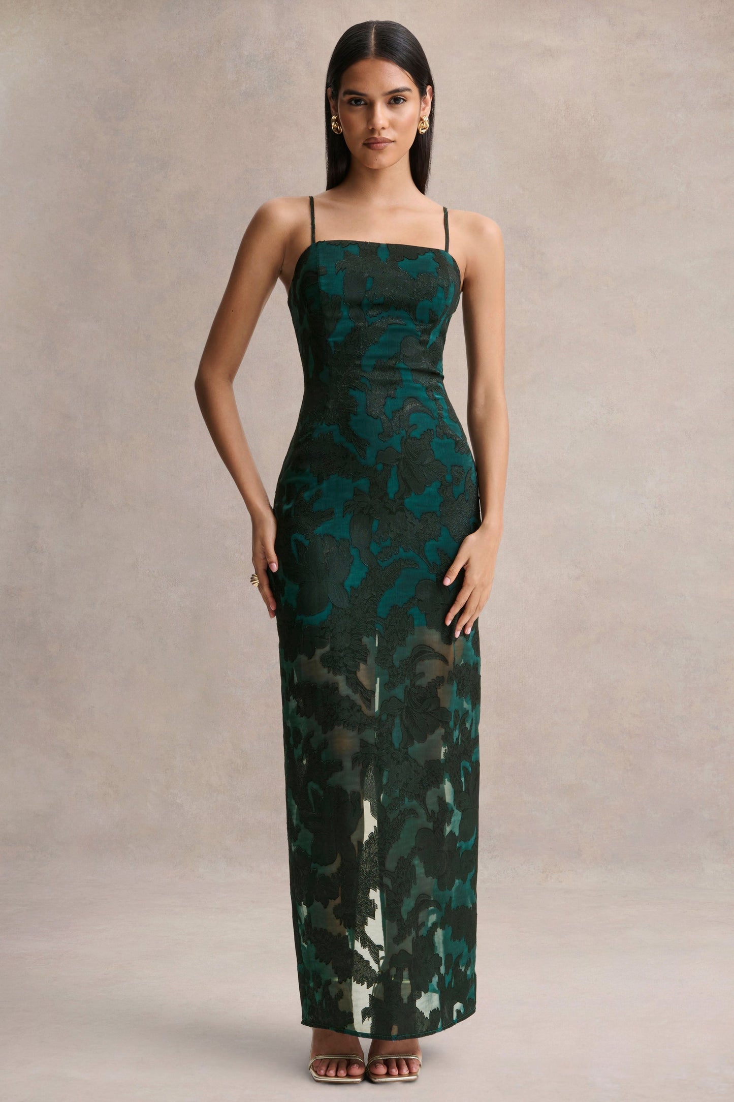 Hada | Dark Green Satin Devore Square-Neck Maxi Dress With Removable Twisted-Cape