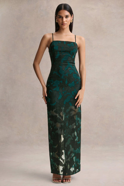Hada | Dark Green Satin Devore Square-Neck Maxi Dress With Removable Twisted-Cape