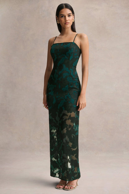 Hada | Dark Green Satin Devore Square-Neck Maxi Dress With Removable Twisted-Cape