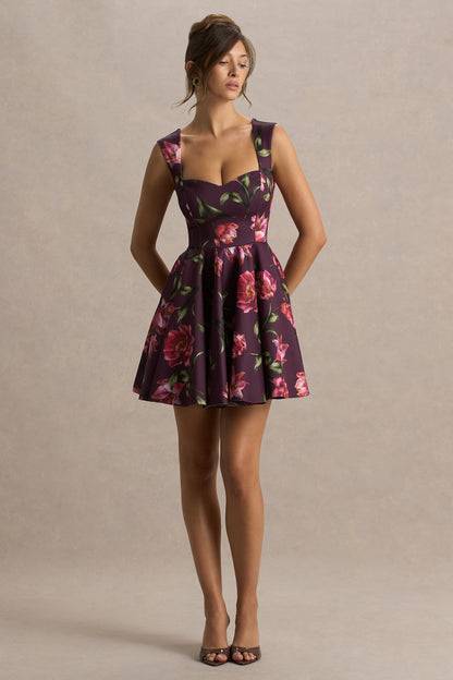 Magic | Burgundy Floral Print Sweetheart-Neck Mini Dress