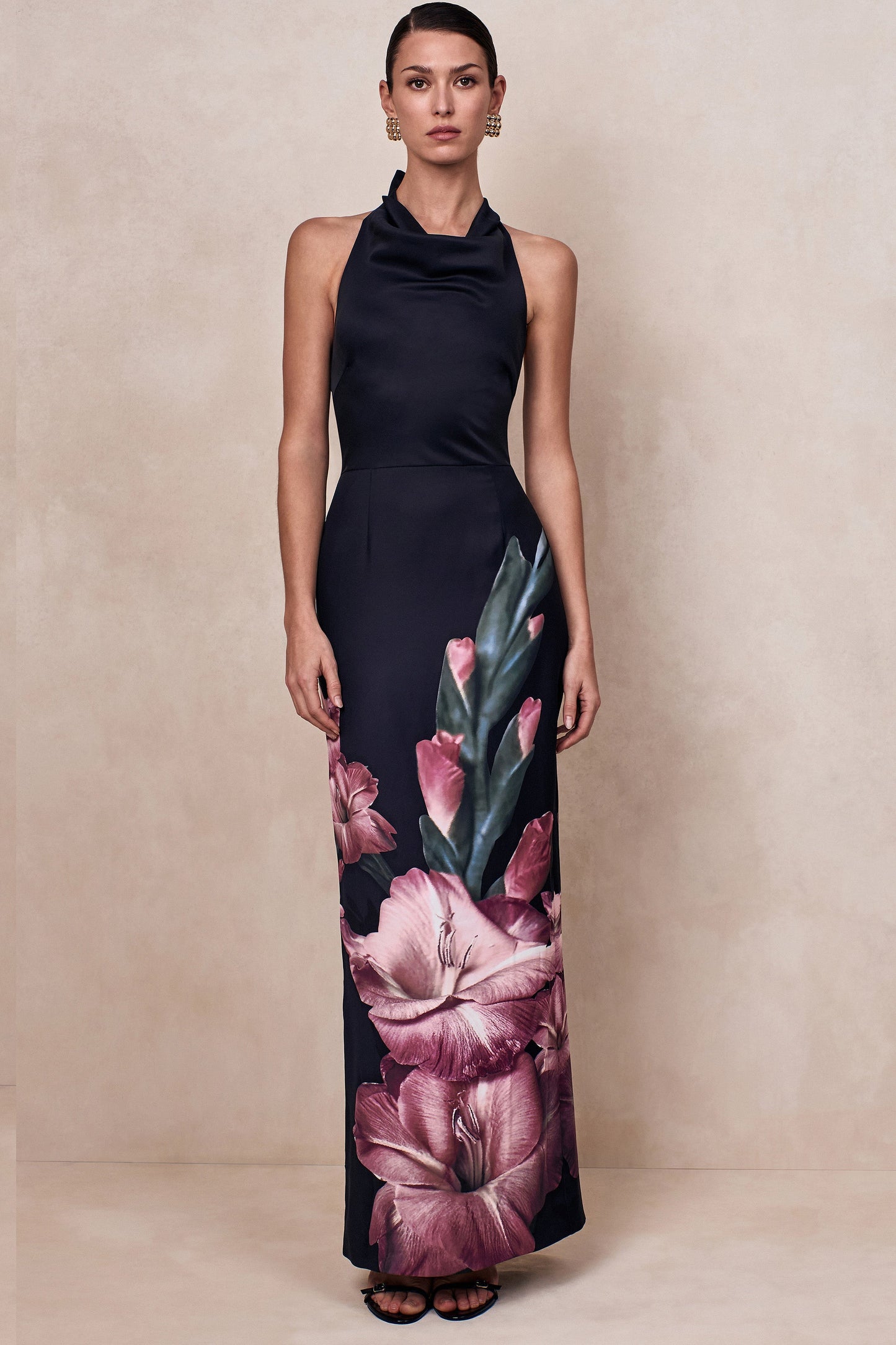 Palatial | Pink Border Print Halter-Neck Cowl Maxi Dress