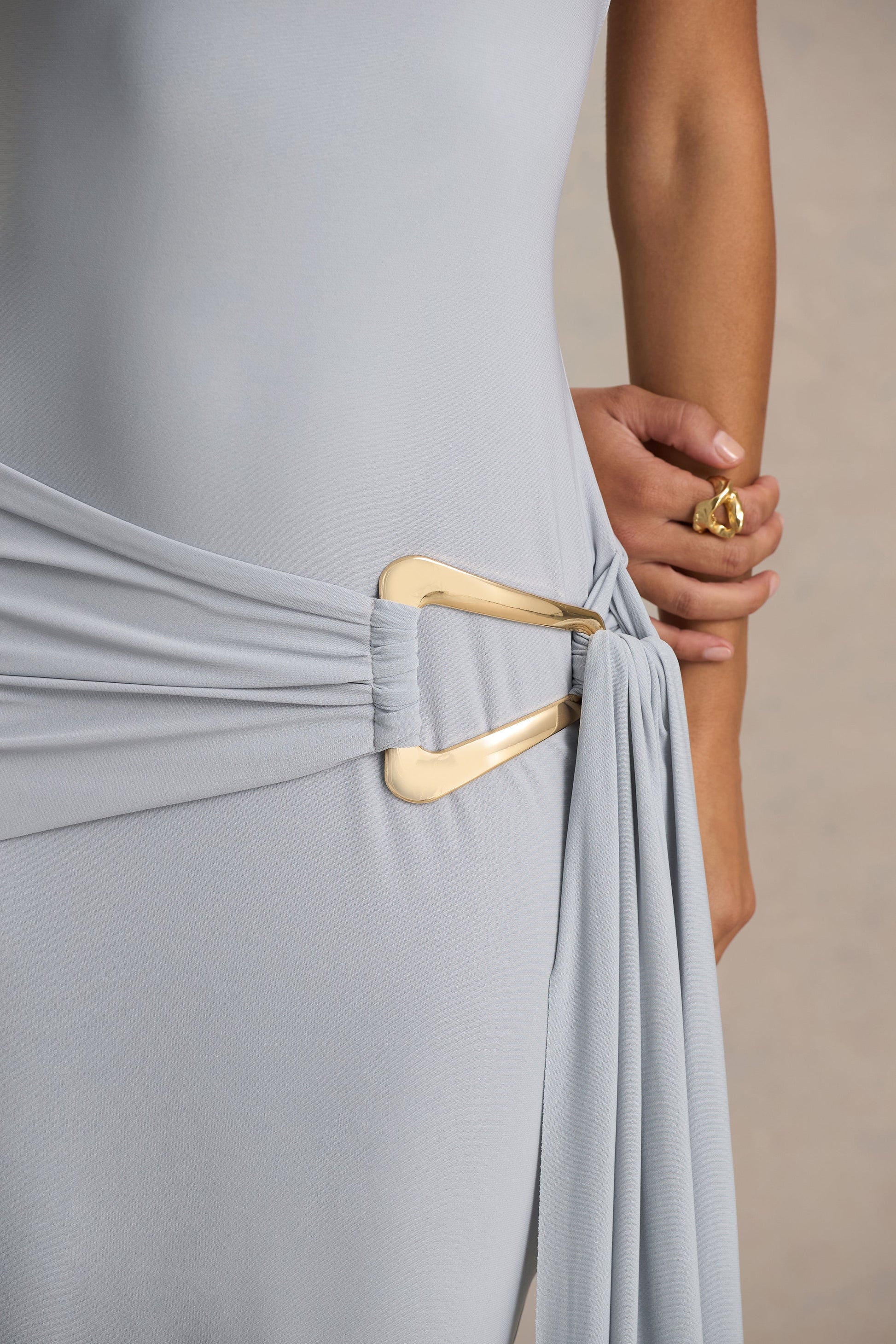 Bonnie | Blue Asymmetric-Neck Maxi Dress With Open-Back