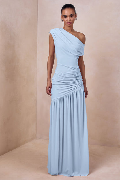 Kady | Powder Blue Asymmetric-Neck Maxi Dress With Ruched Detailing