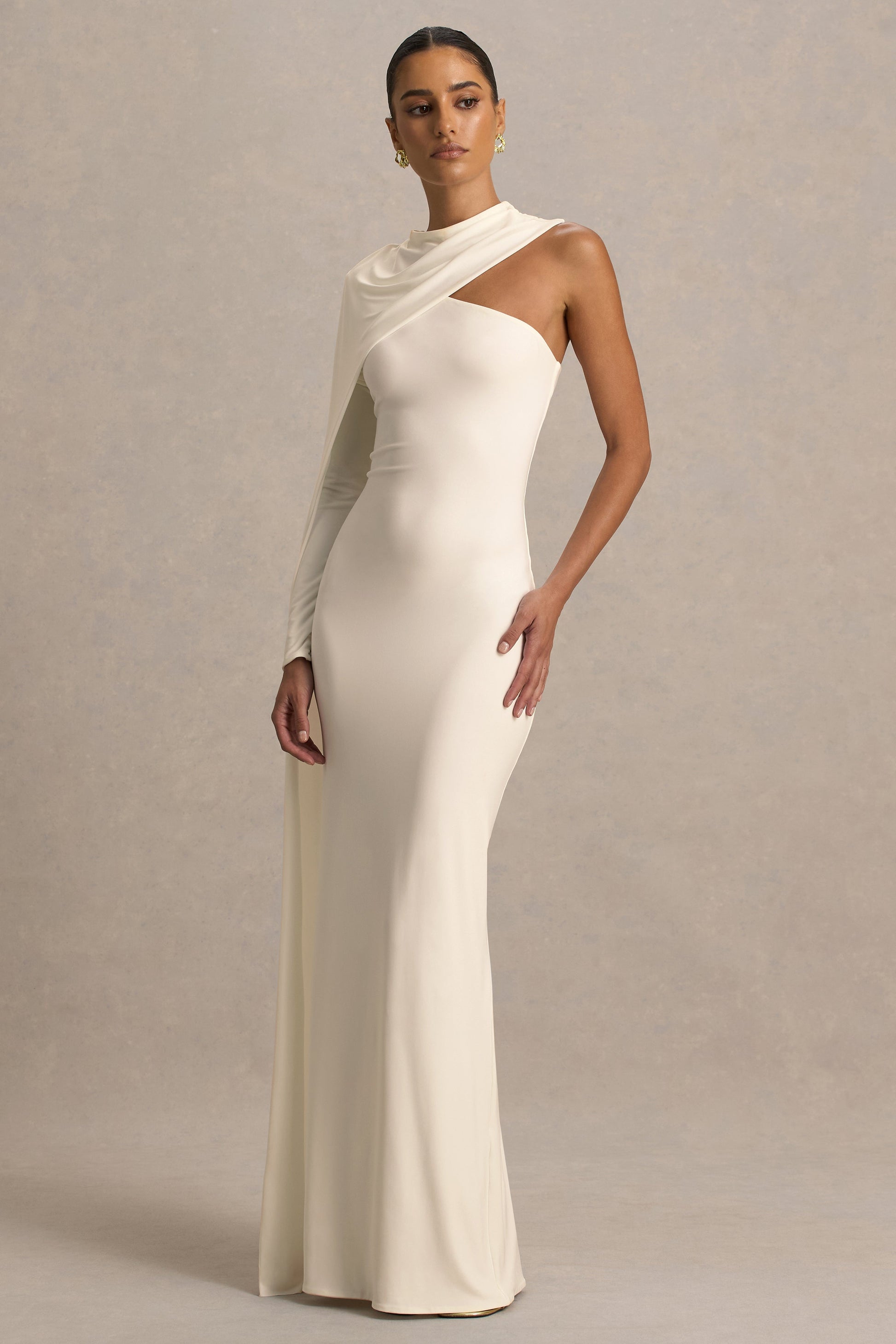 Dawn | Cream High-Neck Maxi Dress With One Long Cape-Sleeve