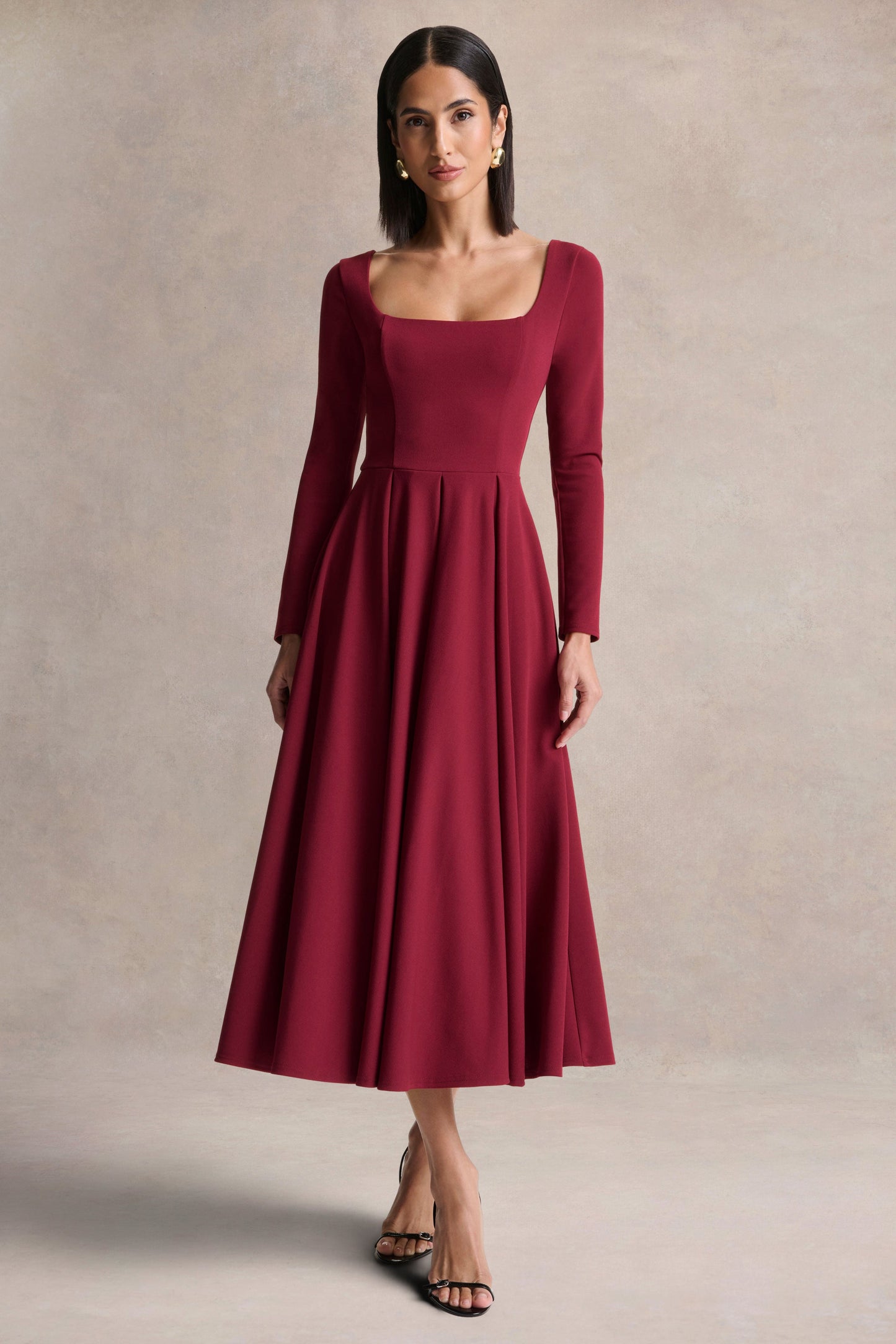 Alison | Burgundy Square-Neck A- Midi Dress