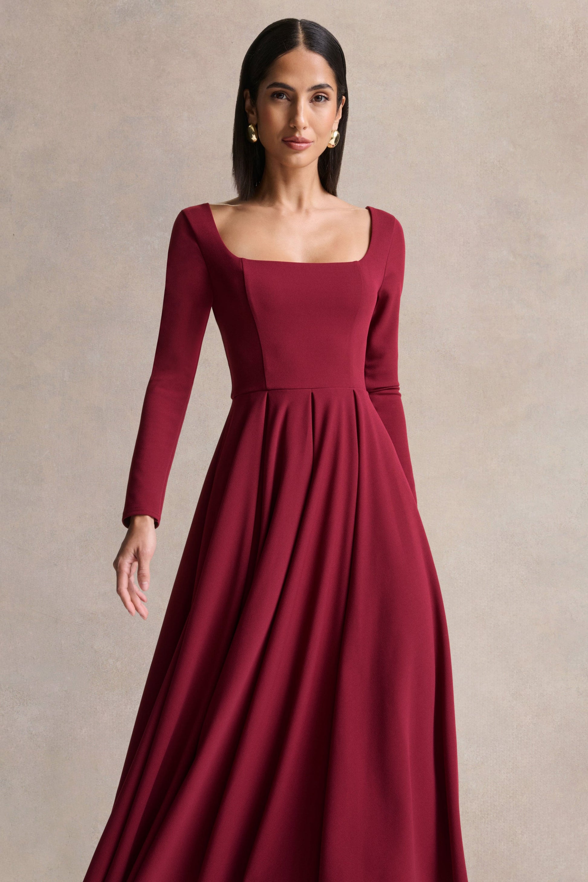 Alison | Burgundy Square-Neck A- Midi Dress