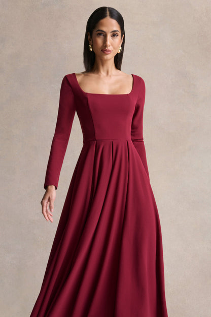 Alison | Burgundy Square-Neck A- Midi Dress