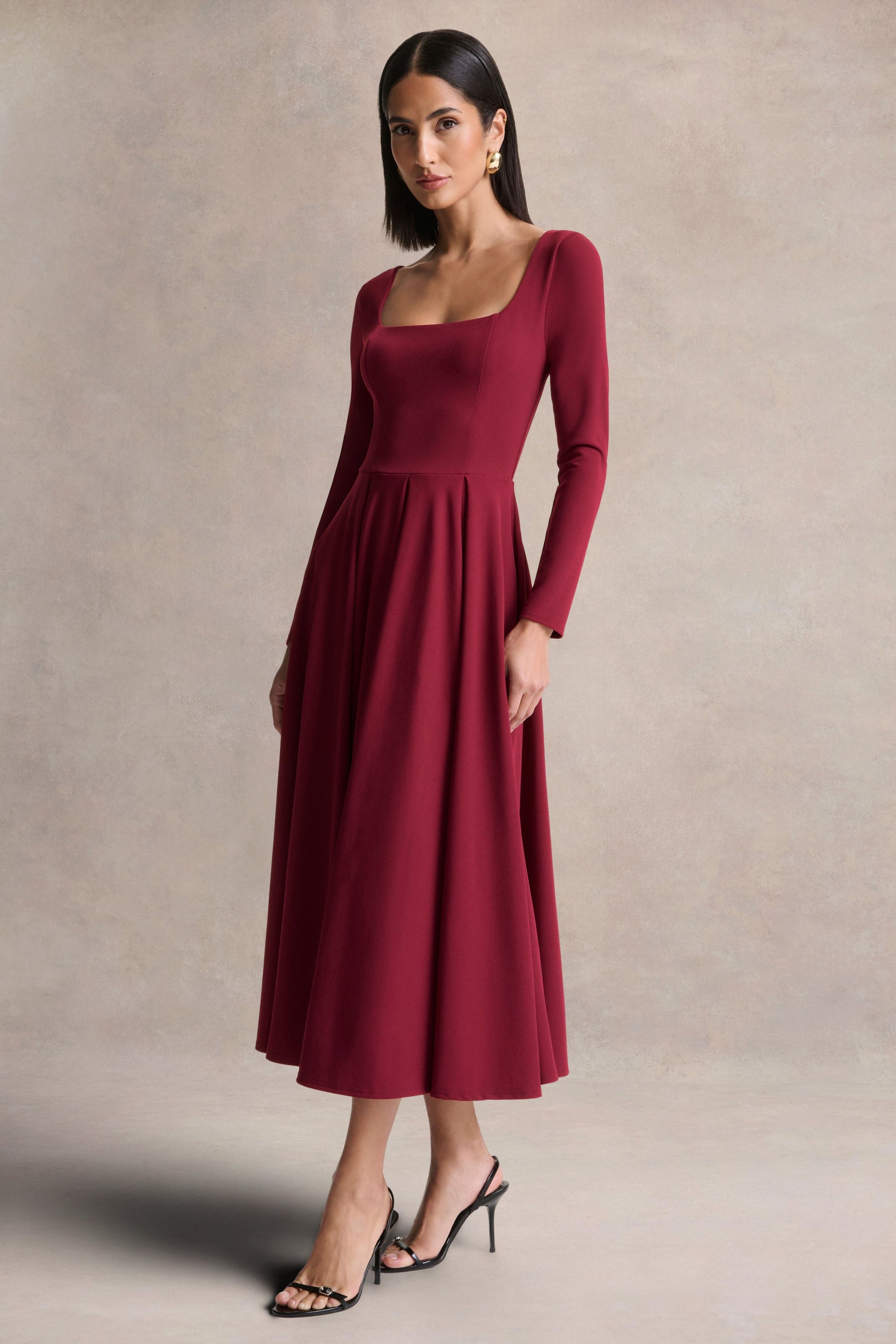 Alison | Burgundy Square-Neck A- Midi Dress