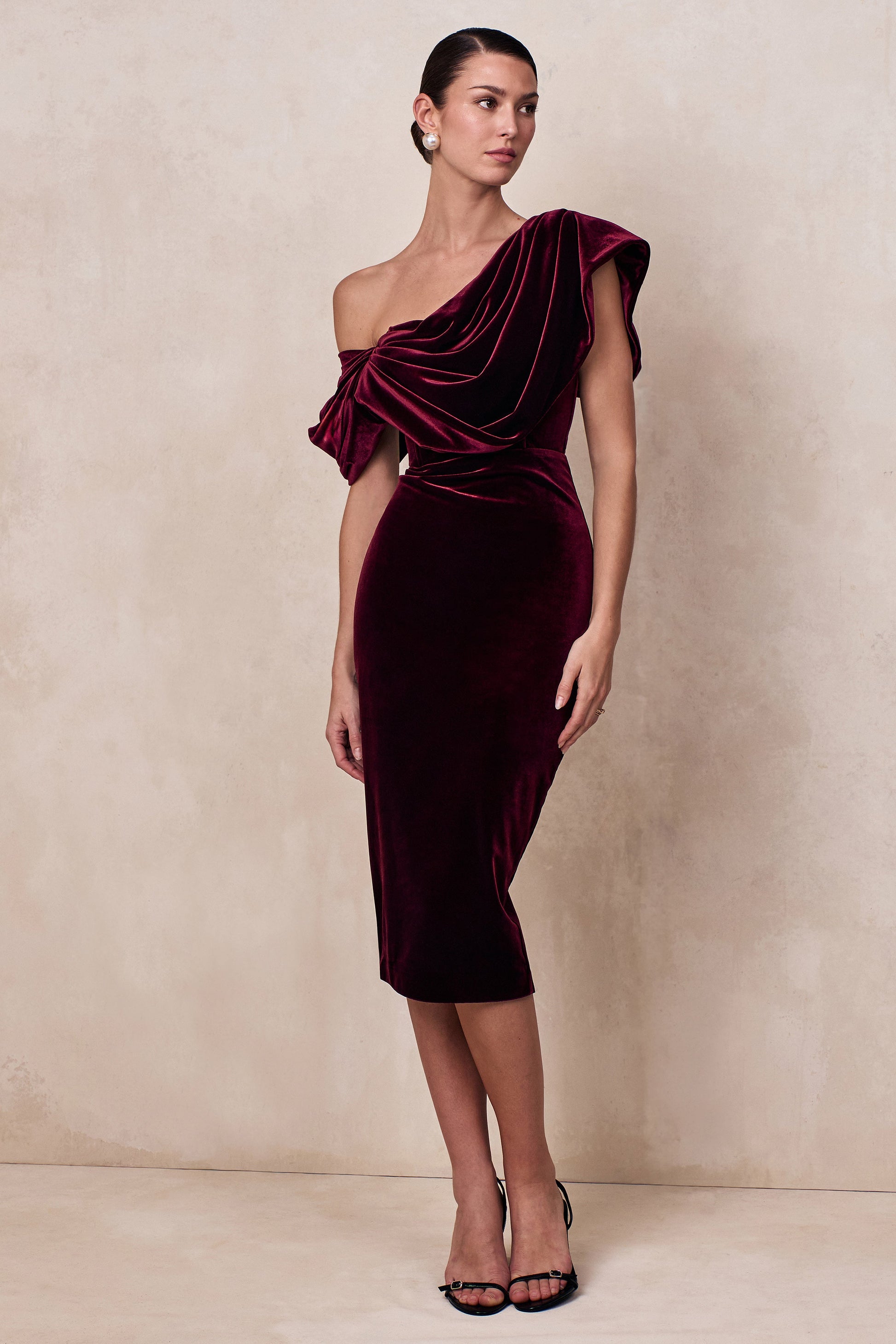 High End | Burgundy Velvet Asymmetric-Neck Midi Dress With Draped Detailing