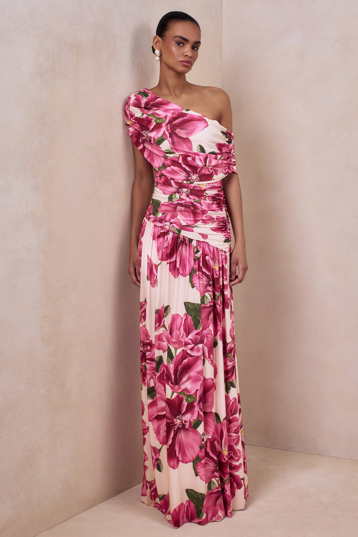 Emberly | Pink Hibiscus Floral Print Asymmetric Neck Maxi Dress With Drop Waist