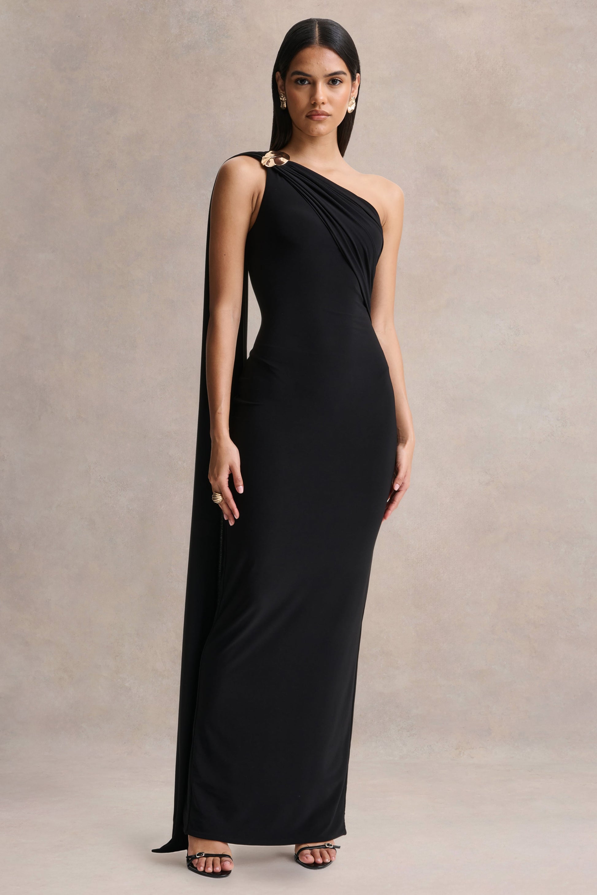 Mandy | Black Asymmetric-Neck Maxi Dress