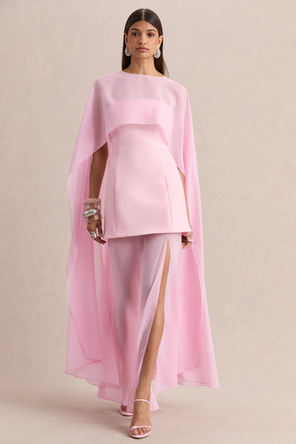 Chessa | Light Pink Boat-Neck Maxi Dress With Sheer Cape