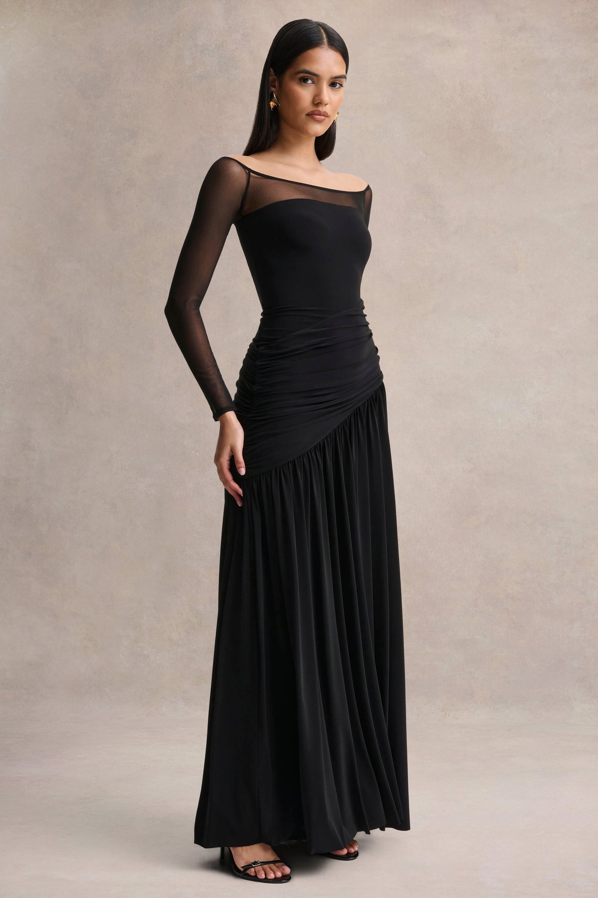 Bexley | Black Bardot-Neck Draped Maxi Dress With Long Mesh-Sleeves